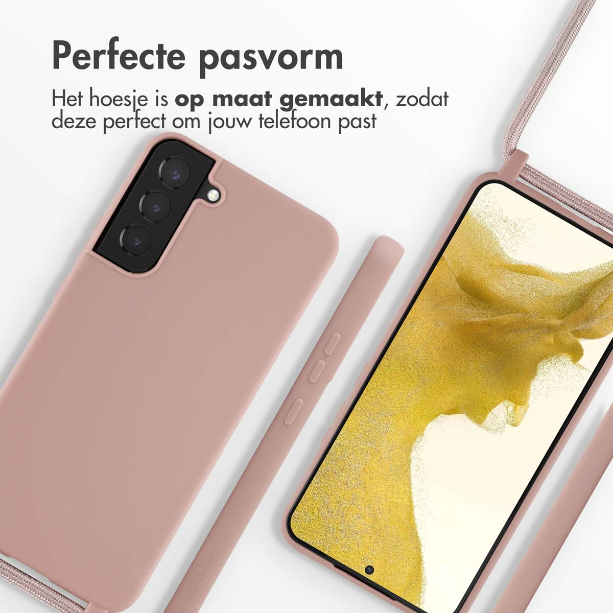 Custodia marrone per telefono con cinturino, telefono a destra. Lo schermo mostra un'immagine gialla. Lo sfondo è bianco.