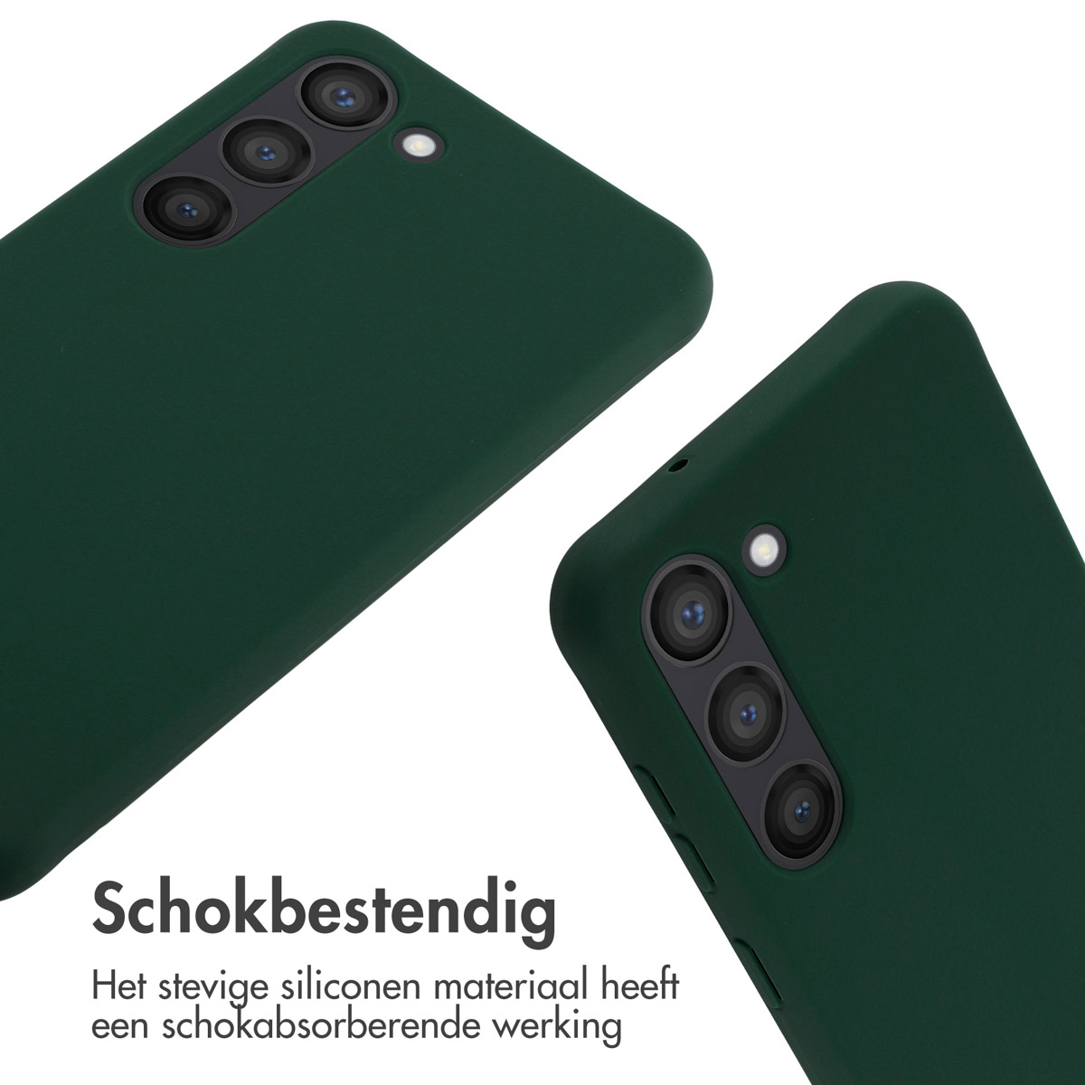 Twee donkergroene telefoonhoesjes. De hoesjes zijn glad en hebben drie cameralenzen.