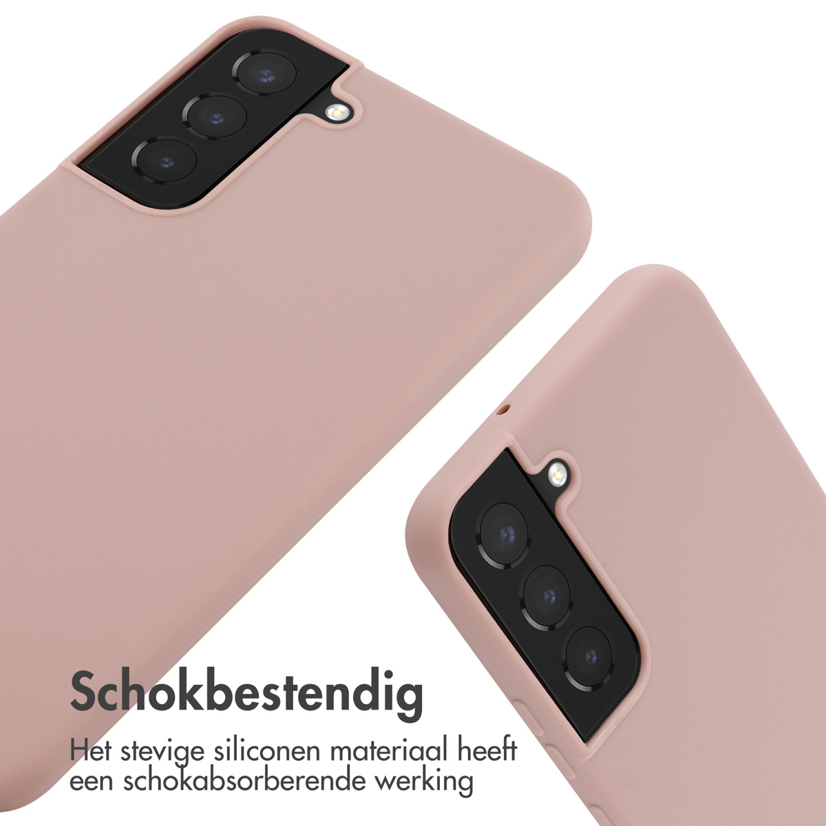 Custodie rosa per telefono con ritagli per fotocamera. Il testo dice: resistente agli urti.