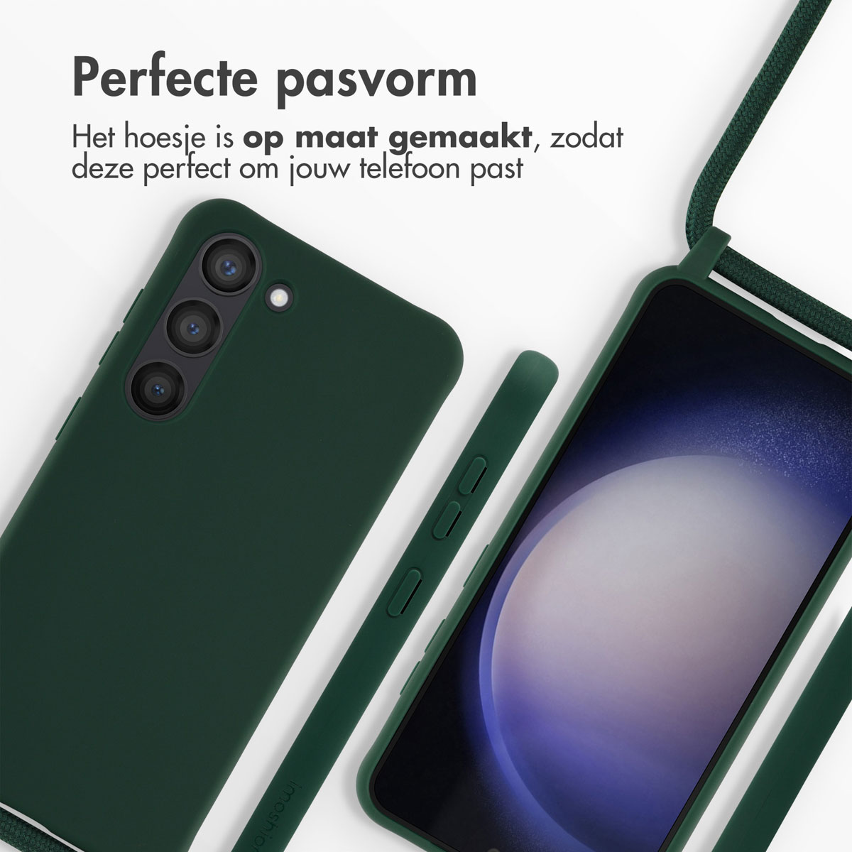 Groen telefoonhoesje en telefoon met koord. Telefoon toont een paarse en witte achtergrond.