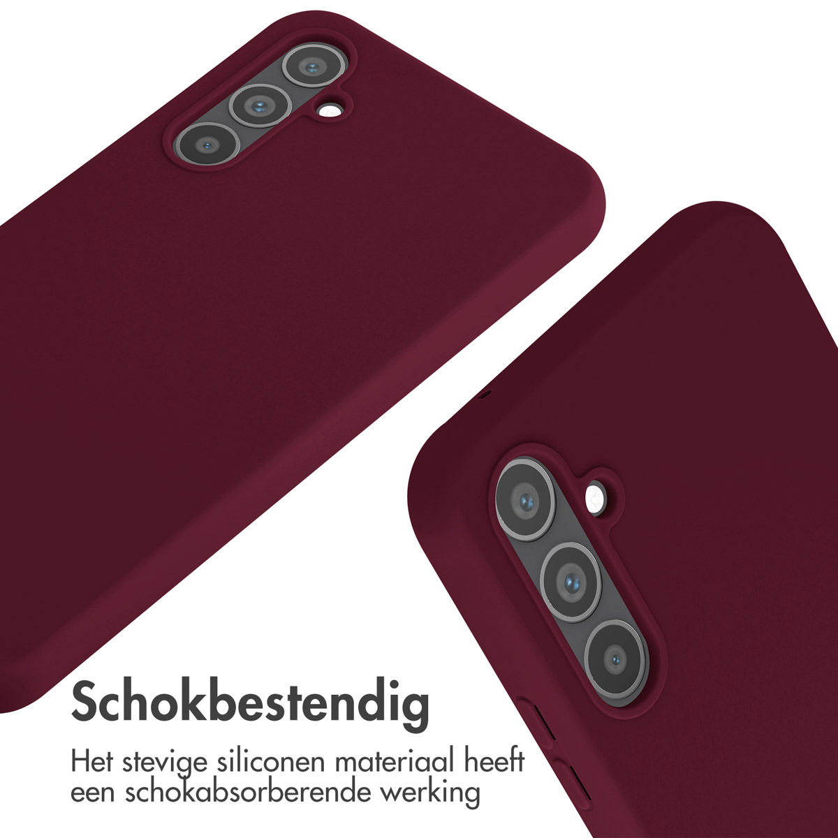 Twee bordeauxrode telefoonhoesjes. Tekst: Schokbestendig.