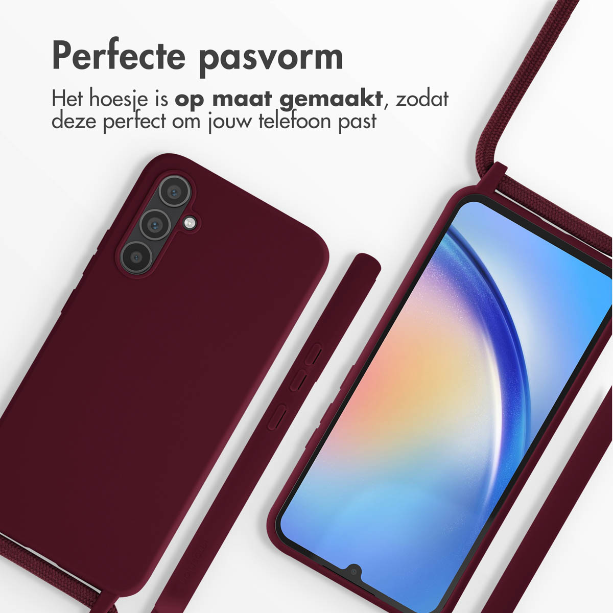 Bordeaux telefoonhoesje met een koord. Tekst: Perfecte pasvorm, de hoes past perfect om je telefoon.