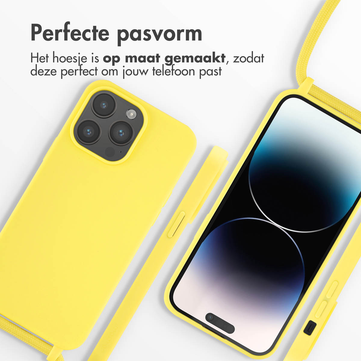 Gelbe Handyhülle mit gelbem Band. Das Telefon befindet sich in der Hülle und ist abgewinkelt. Weißer Hintergrund.
