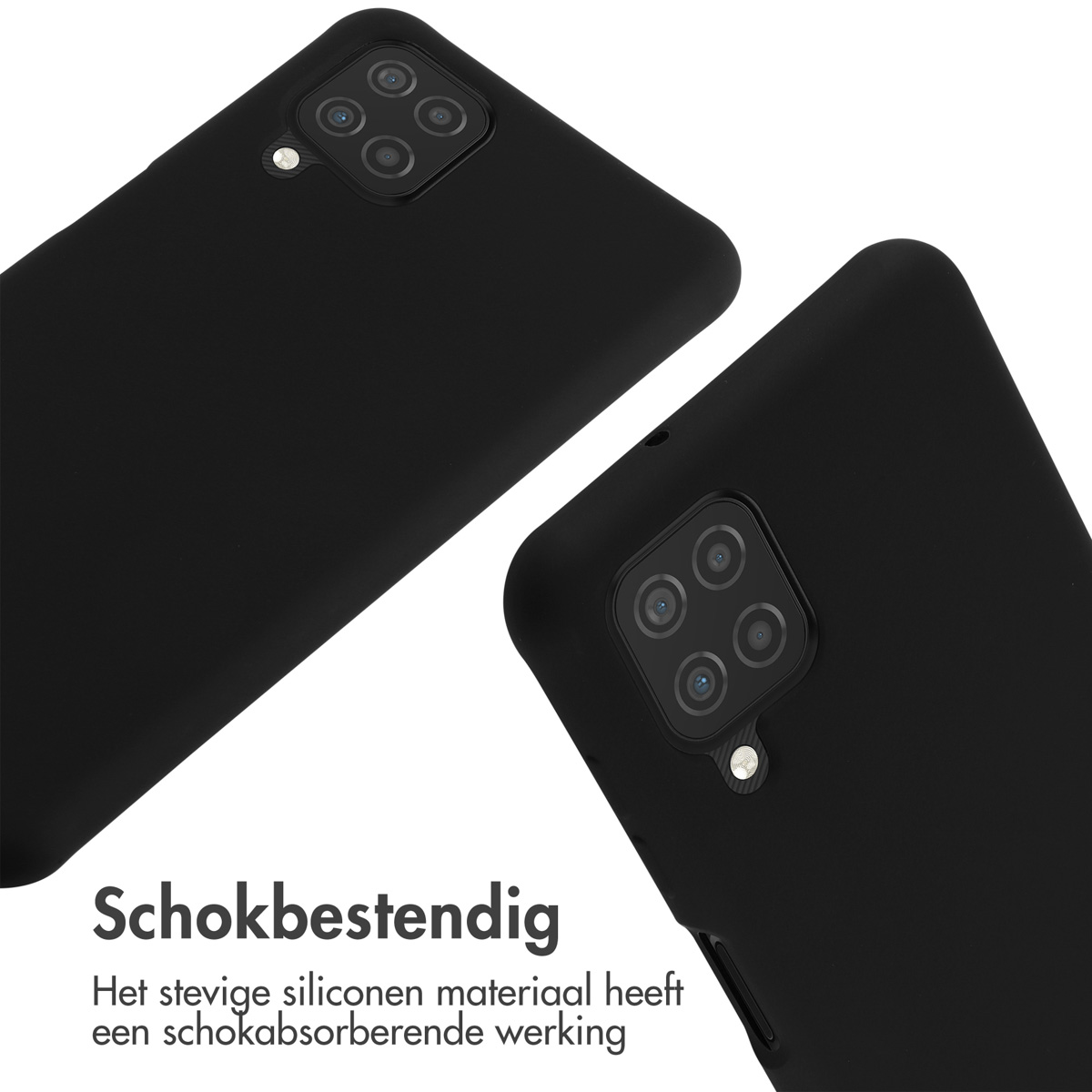 Deux coques de téléphone noires avec caméras. Texte : Antichoc. Le matériau en silicone robuste a un effet absorbant les chocs.