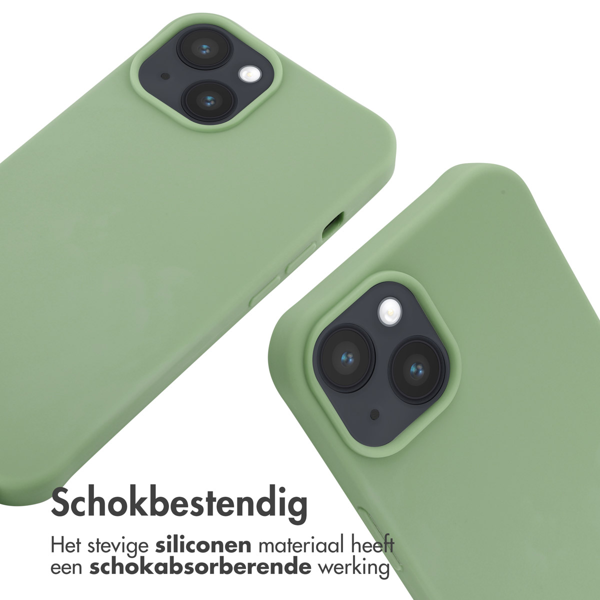 Zwei grüne Handyhüllen mit Kameras. Text: Stoßfest. Das robuste Silikonmaterial hat eine stoßdämpfende Wirkung.