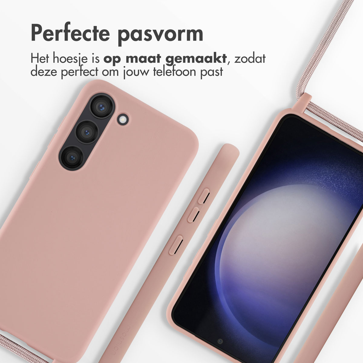 Roze telefoonhoes met een koord. De telefoon zit in de hoes. De telefoonhoes is roze.