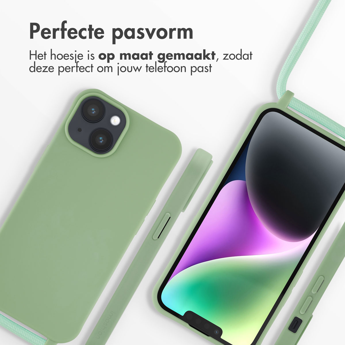 Grüne Handyhülle mit Lanyard und Text: perfekte Passform.