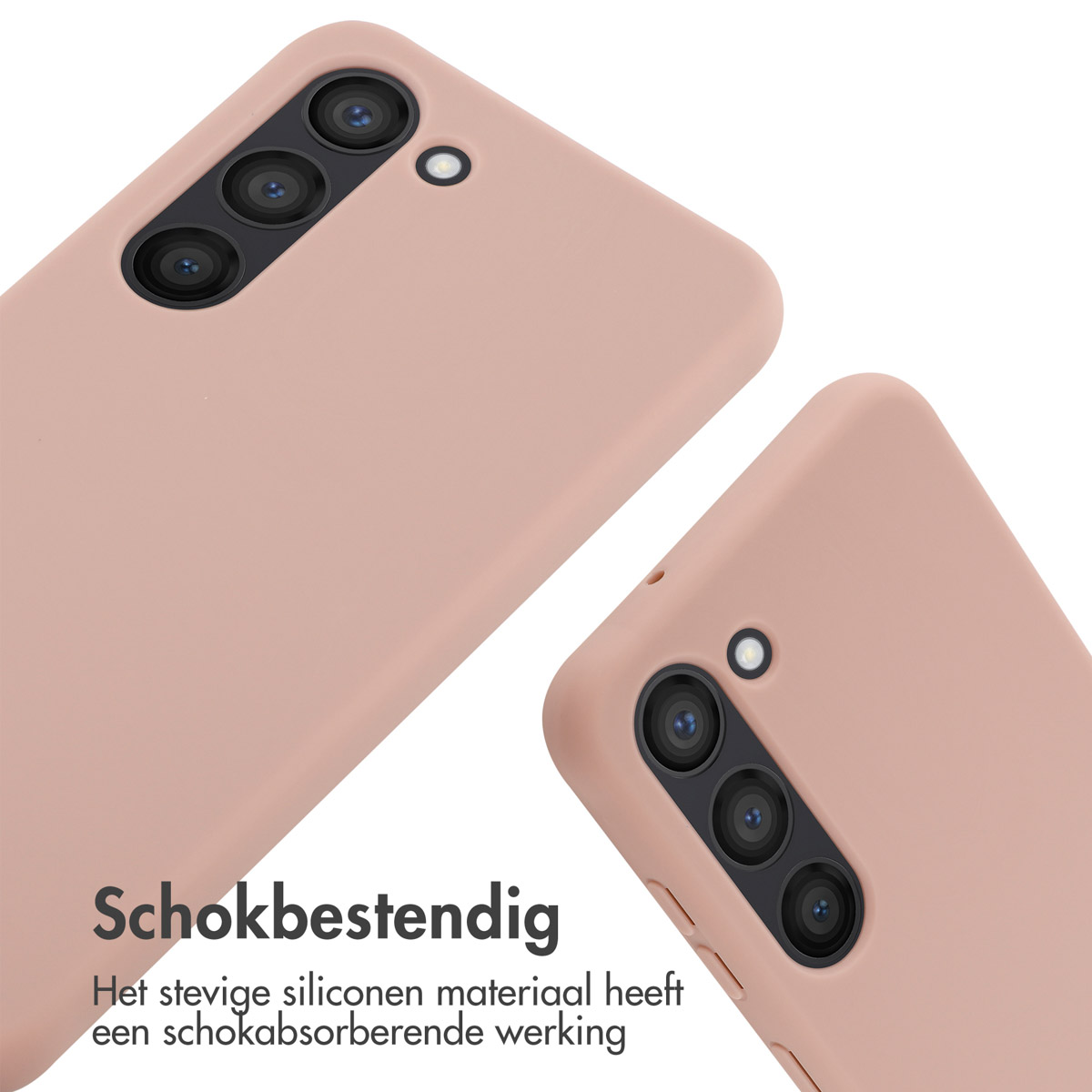 Twee roze telefoonhoesjes. Tekst: Schokbestendig, het siliconen materiaal heeft schokabsorberende werking.