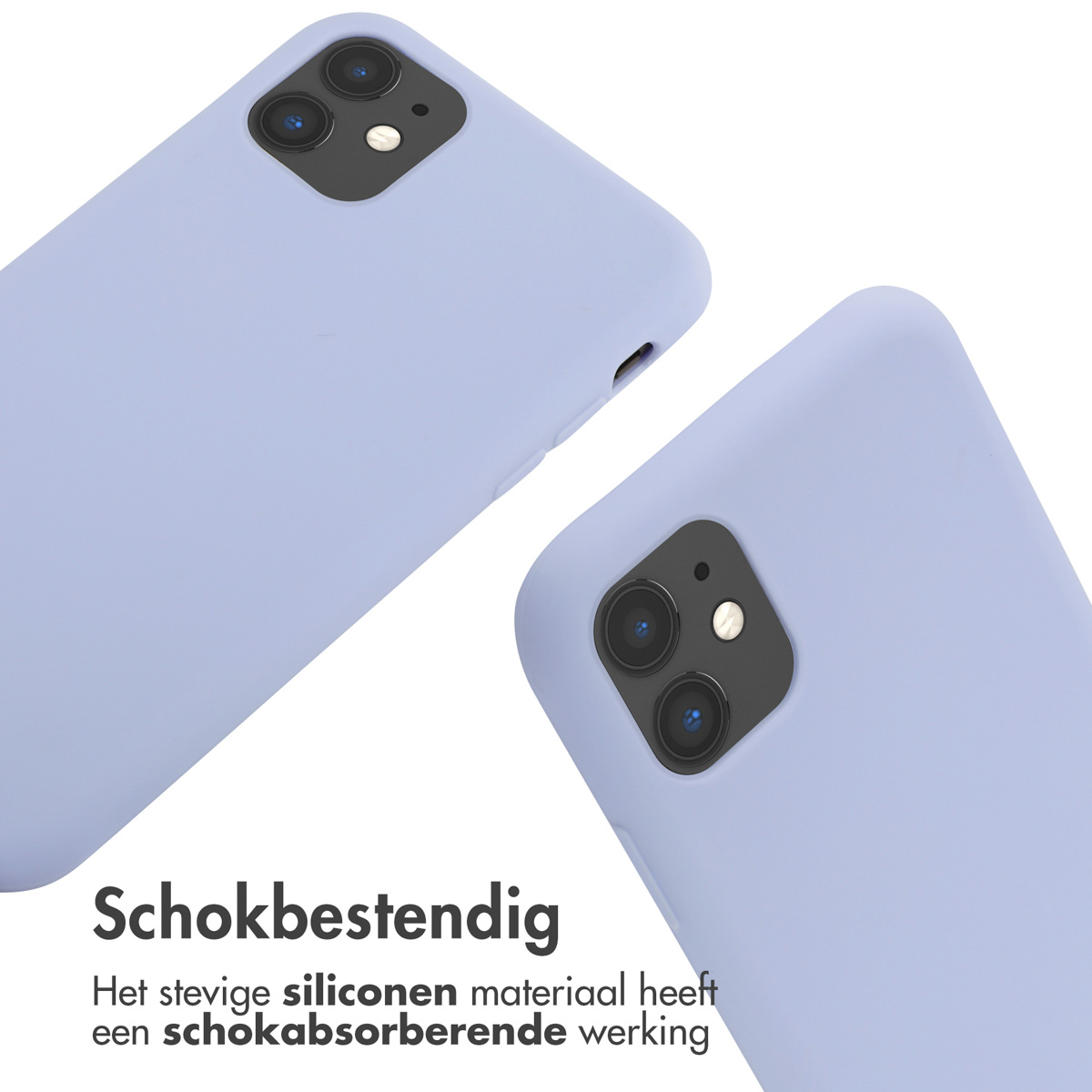 Twee paarse telefoonhoesjes op een witte achtergrond. De hoesjes hebben cameragaten. De hoesjes zijn schuin.
