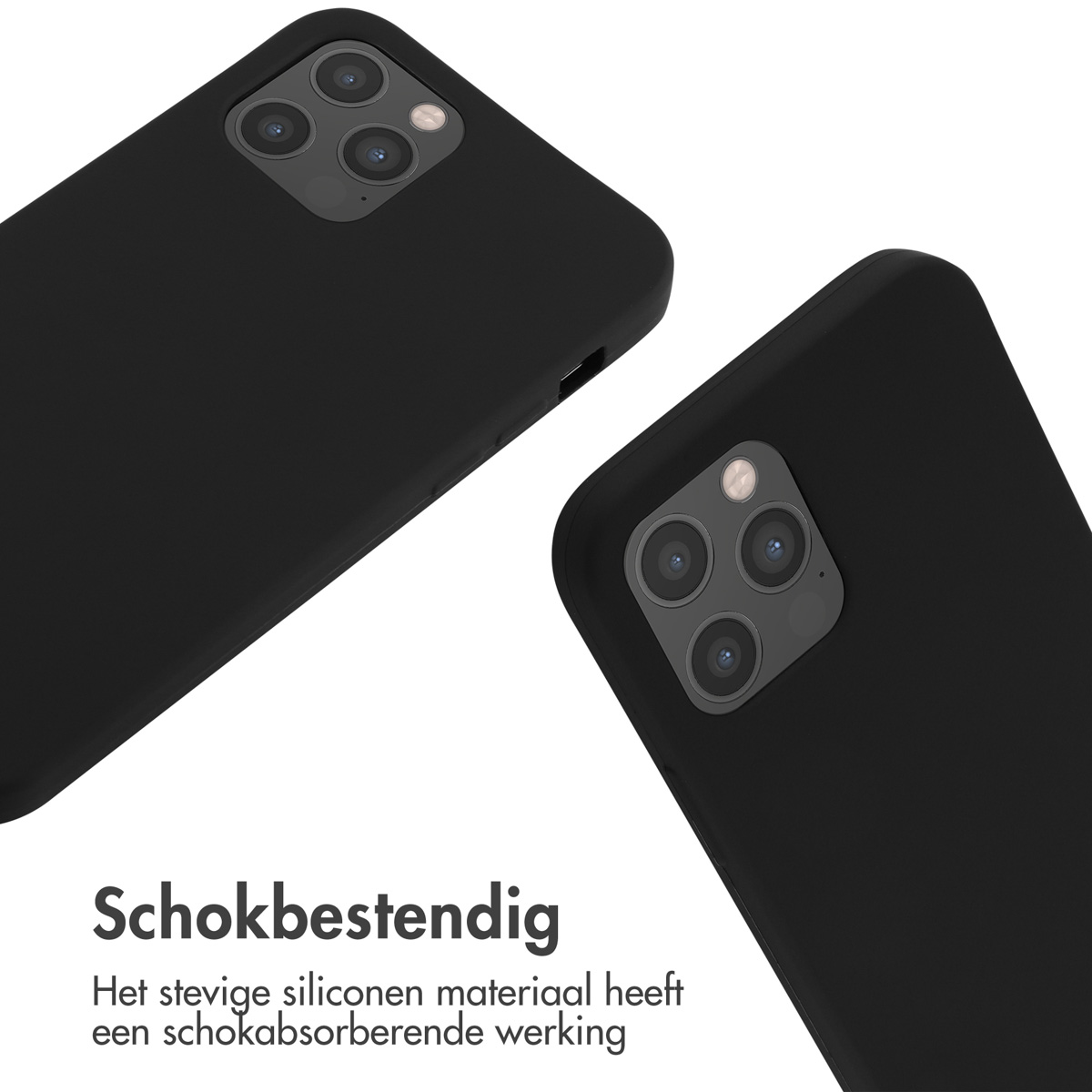 Deux coques de téléphone noires sur fond blanc. Les coques ont des trous pour l'appareil photo. Elles sont inclinées.