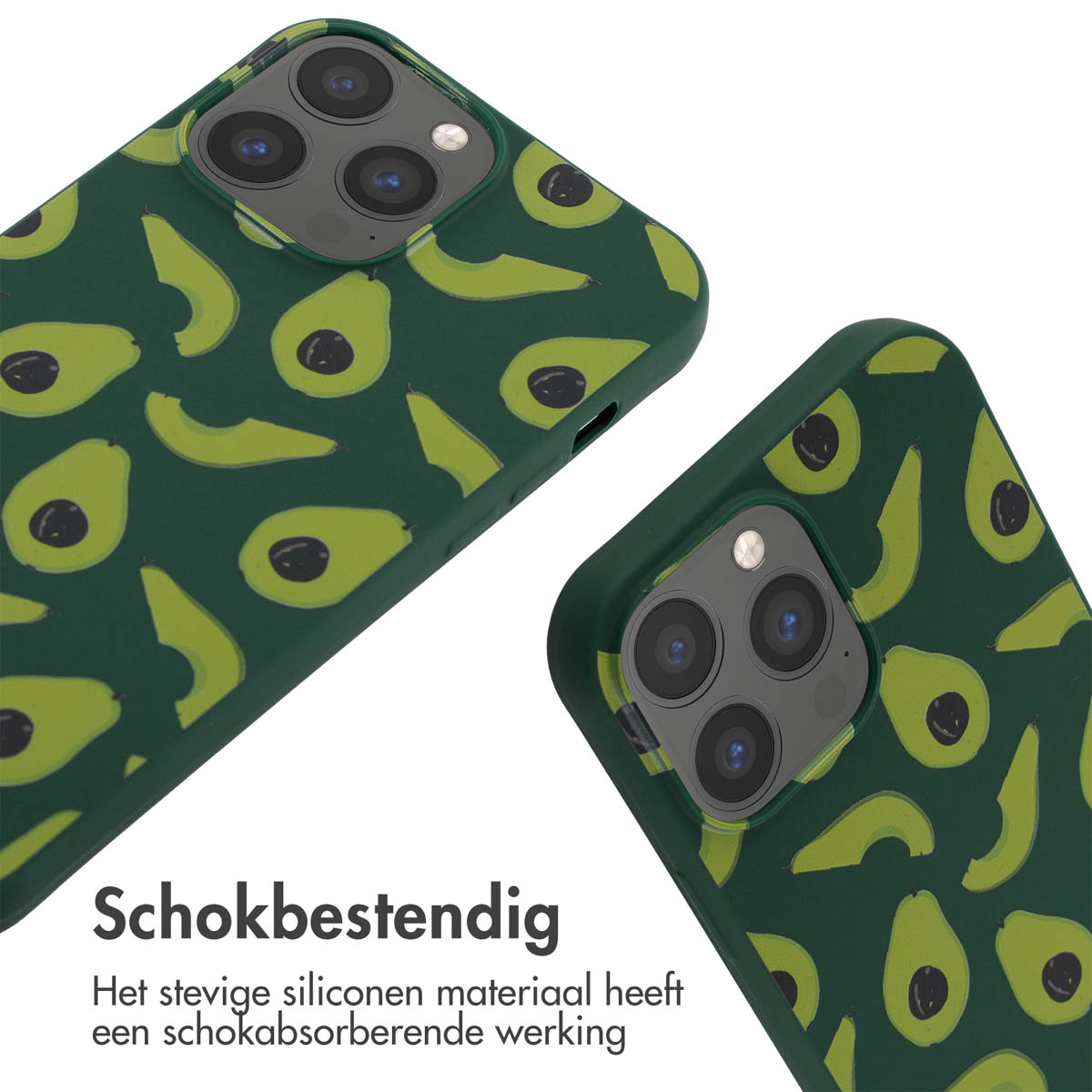 Deux coques de téléphone avec motif avocat. Fond blanc.