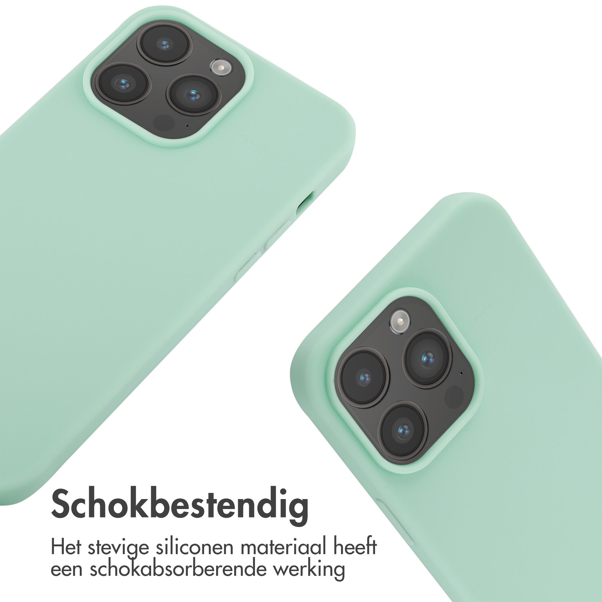 Zwei mintgrüne Handyhüllen, angewinkelt, mit Kameradetails. Text unten: Schokbestendig.