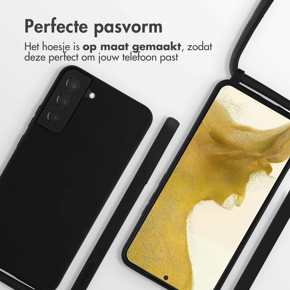 Custodia e telefono neri con cordino. Testo: Vestibilità perfetta. La custodia è fatta per adattarsi perfettamente al telefono.
