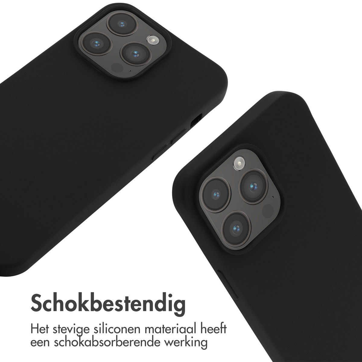 Zwei schwarze Handyhüllen, abgewinkelt. Ein Textblock unten sagt 'Stoßfest'.