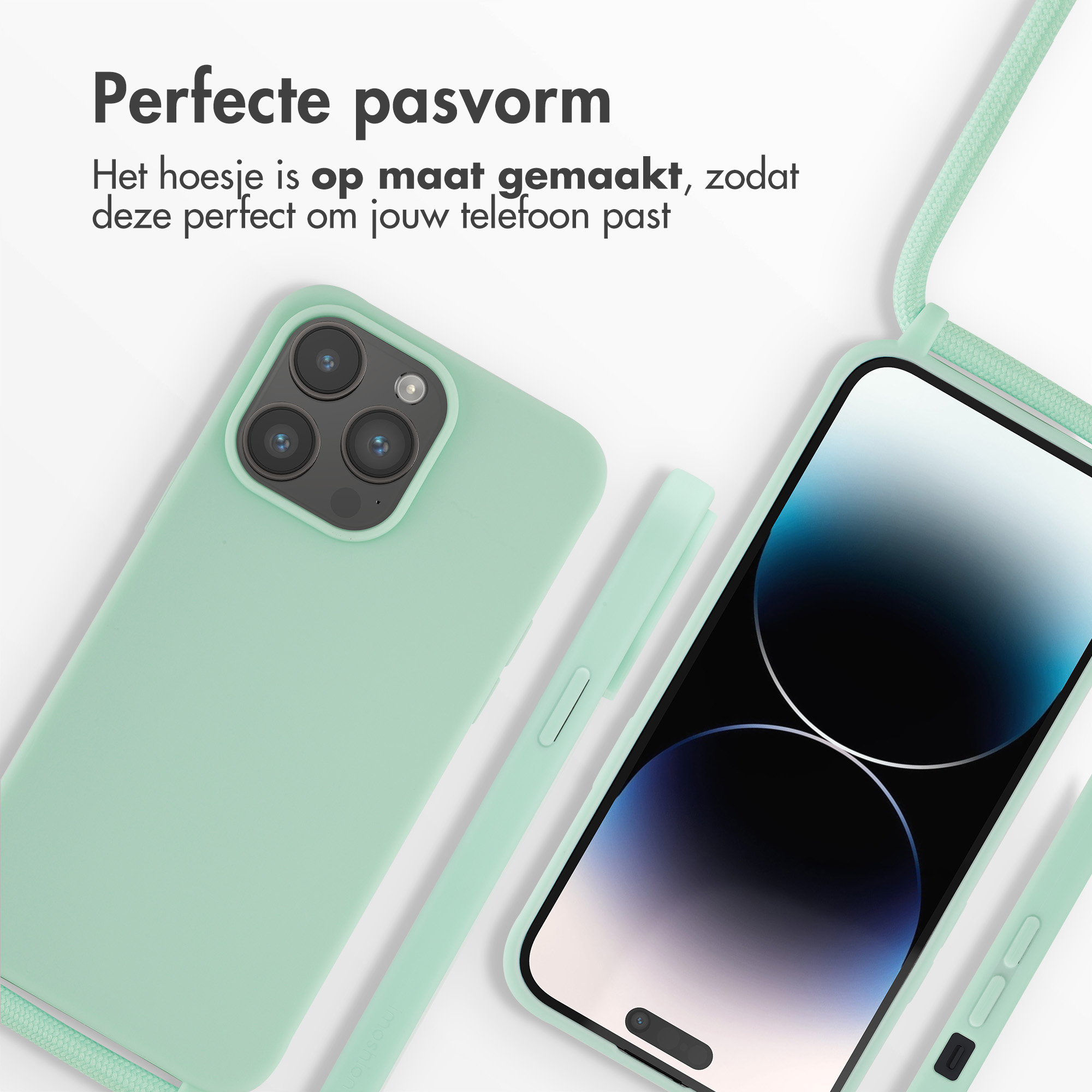 Mintgrüne Handyhülle und Handy mit Lanyard. Text oben: Perfekte Passform.