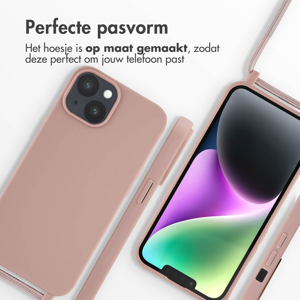 Rosa Handyhülle mit Telefon und passendem Umhängeband.