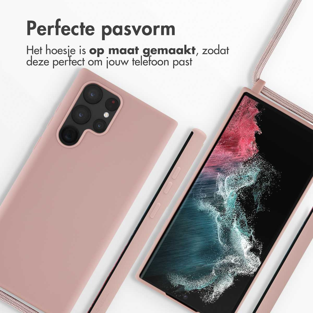 Coque et téléphone roses avec cordon. Un bloc de texte en haut dit 'Ajustement parfait'.