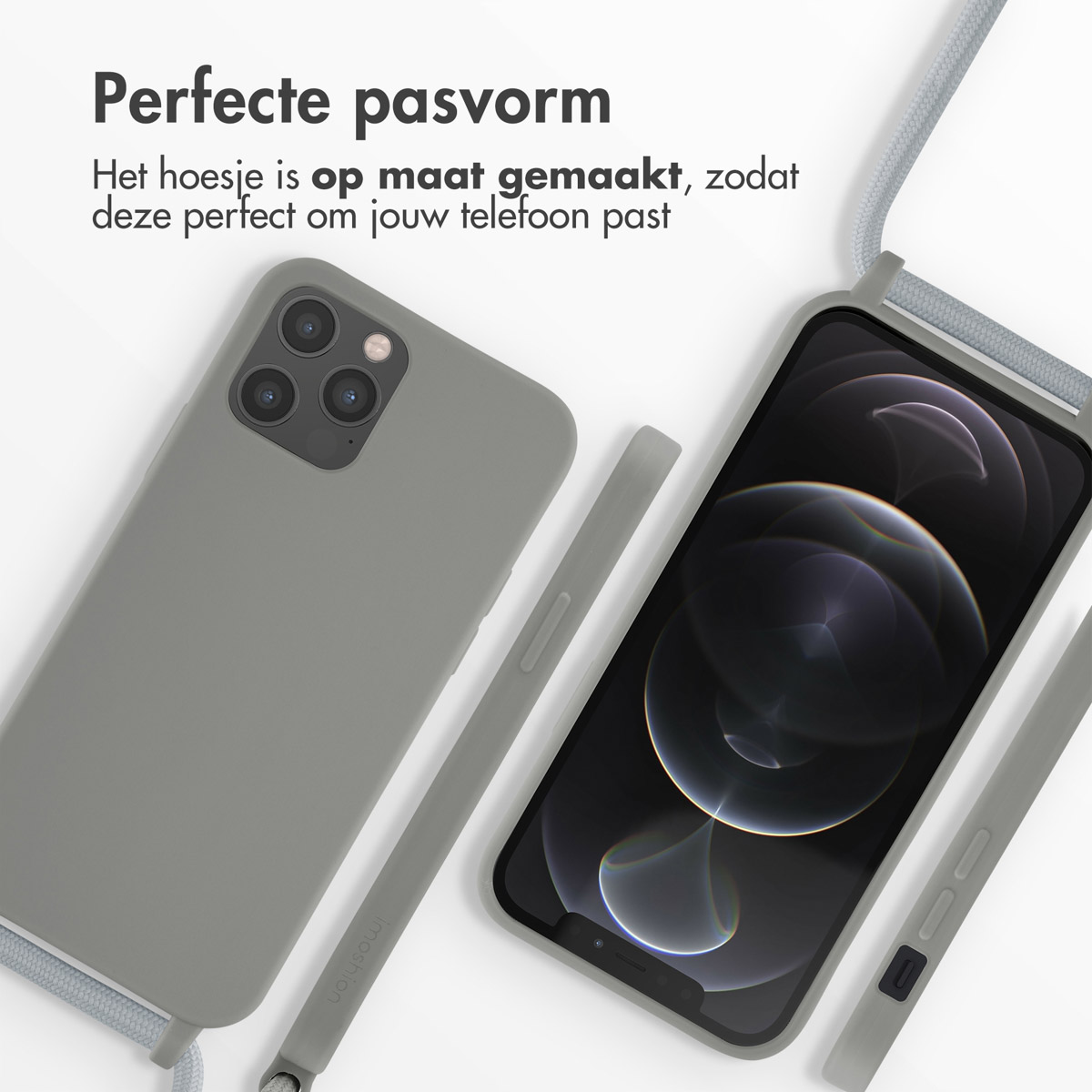 Coques de téléphone grises avec un téléphone. Le téléphone a une lanière. Le fond est blanc.