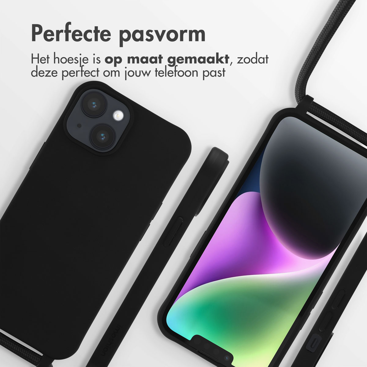 Schwarze Handyhülle mit Telefon und Umhängeband. Telefonbildschirm sichtbar. Text: Perfekte Passform.