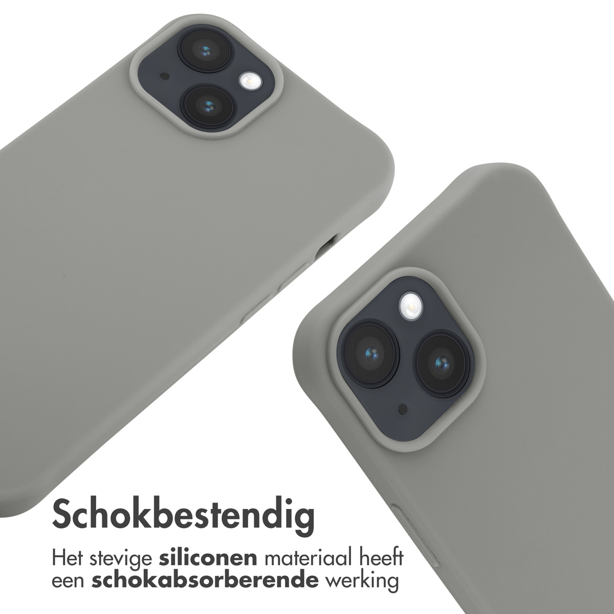 Zwei graue Handyhüllen angewinkelt, mit Kameradetails. Text unten: Schokbestendig.
