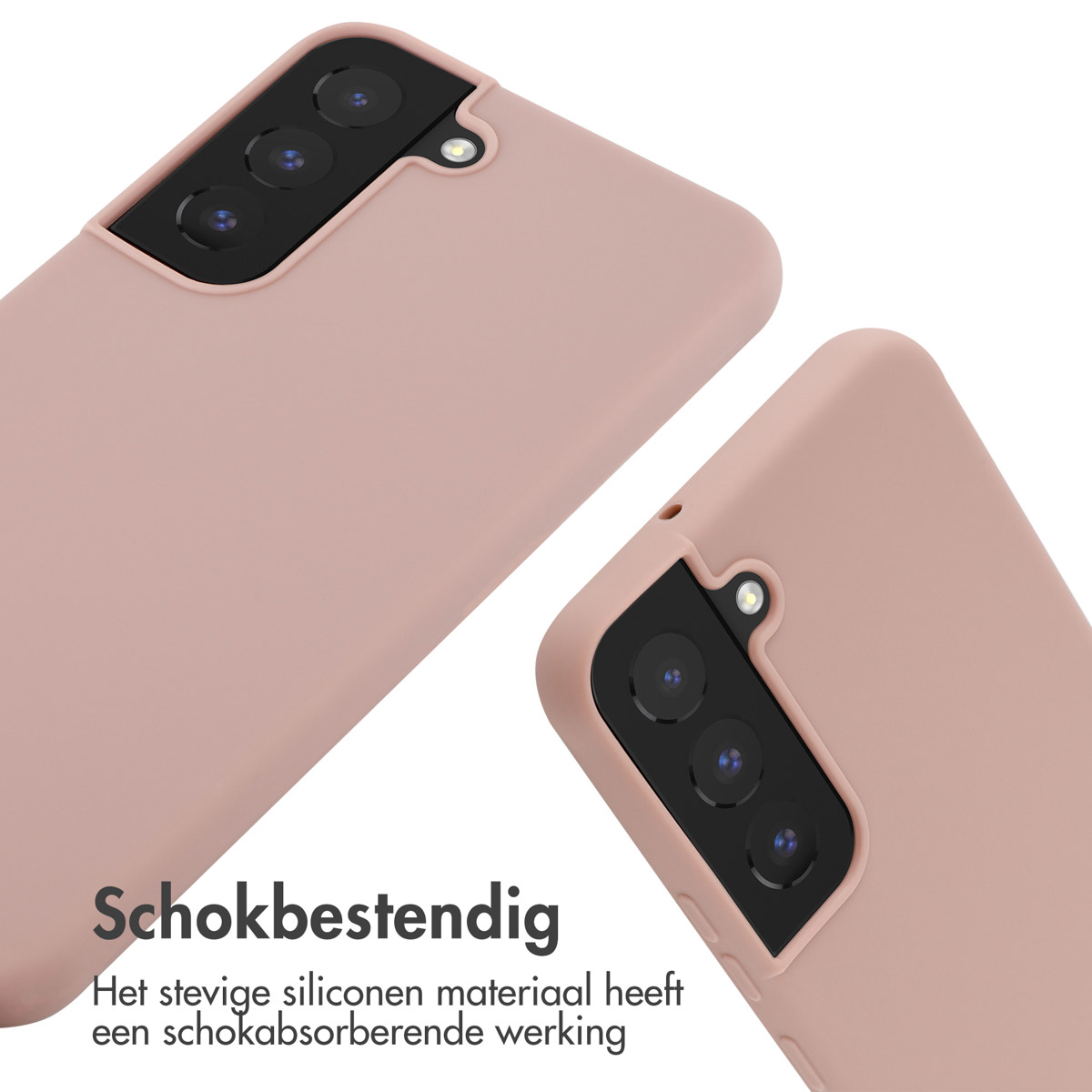 Twee roze telefoonhoesjes. Tekst: Schokbestendig.