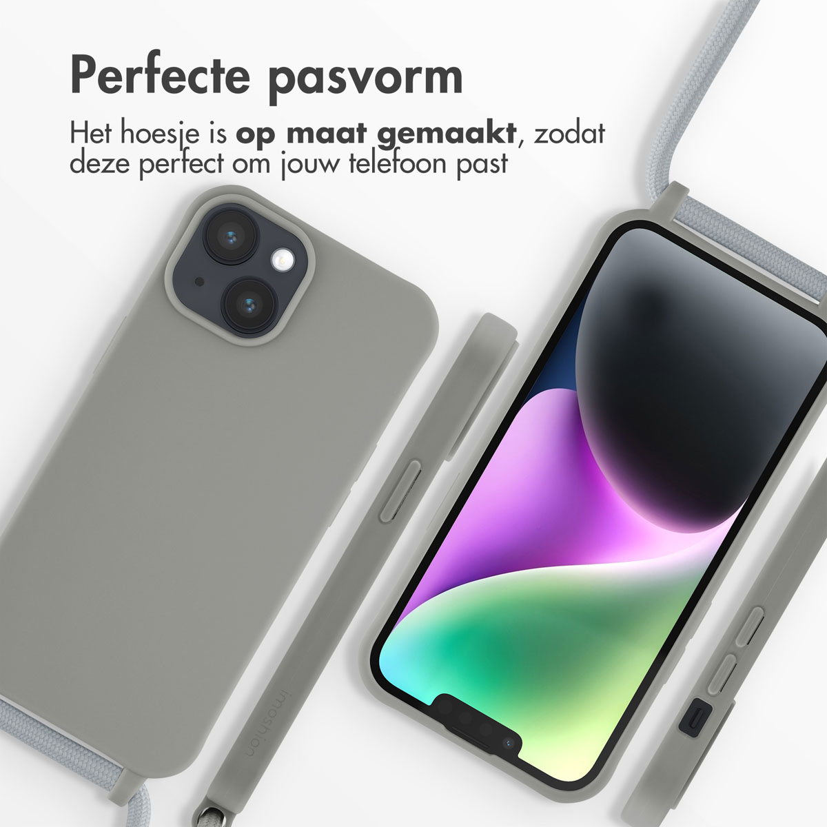 Graue Handyhülle und Handy mit Lanyard. Text oben: Perfekte Passform.