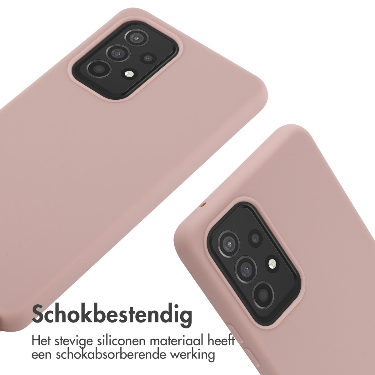 Deux coques de téléphone roses, inclinées. Un bloc de texte en bas dit 'Antichoc'.