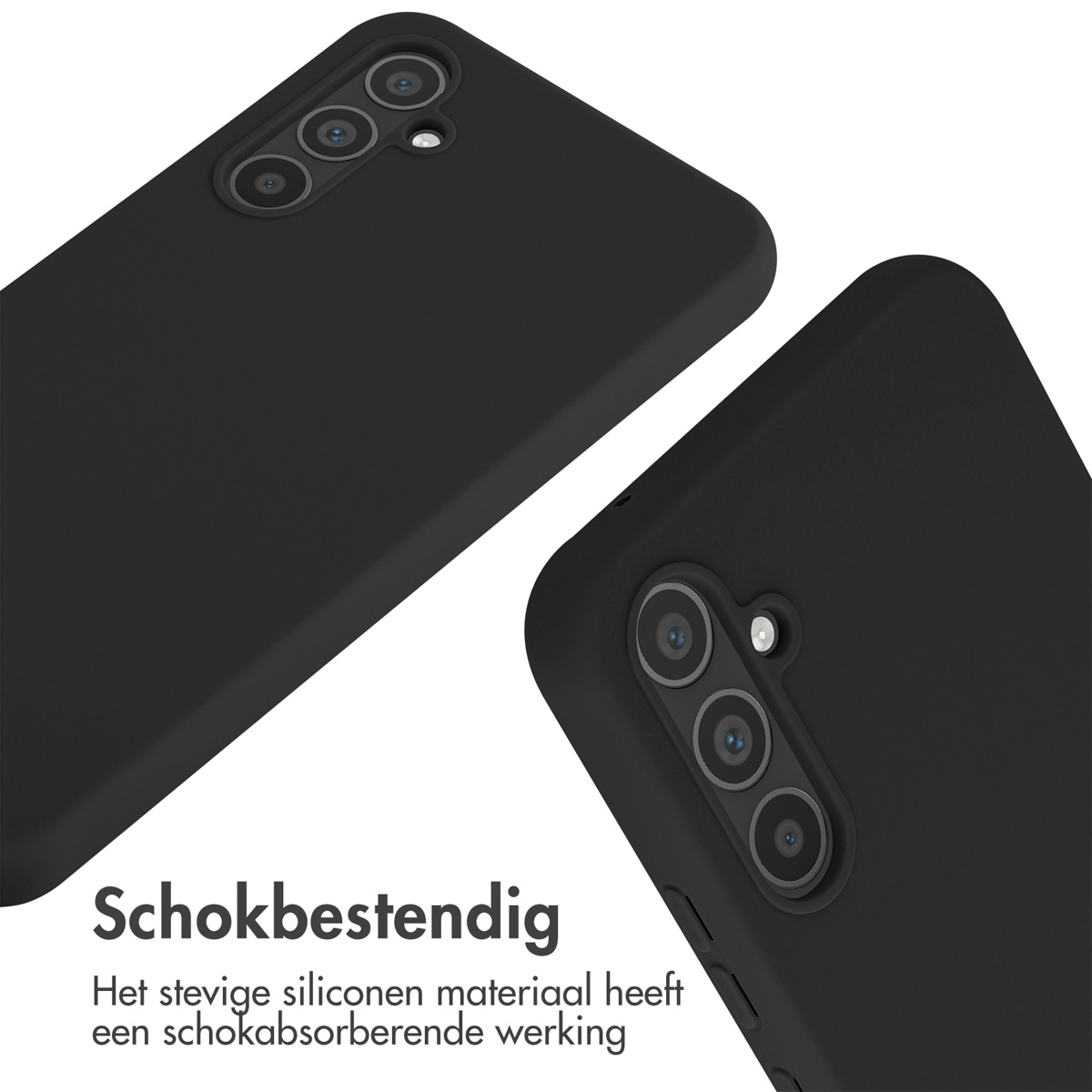 Twee zwarte telefoonhoesjes, één is close-up. De hoesjes hebben een cameralens.