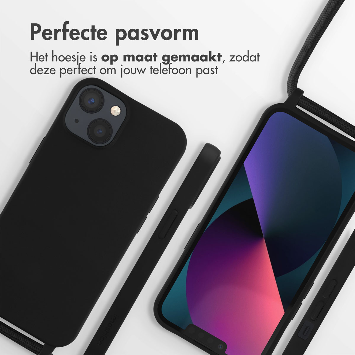 Coque de téléphone et téléphone noirs. Le téléphone a un écran coloré. Une sangle noire est attachée.