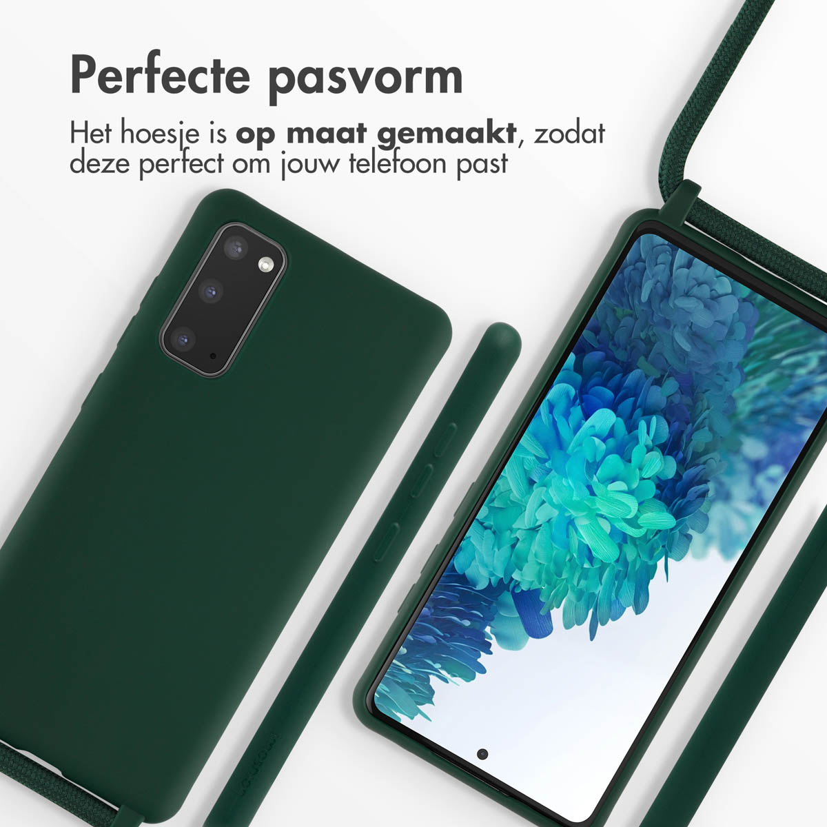 Coque de téléphone verte et téléphone avec une image bleue et verte. Le téléphone est sur une surface blanche.