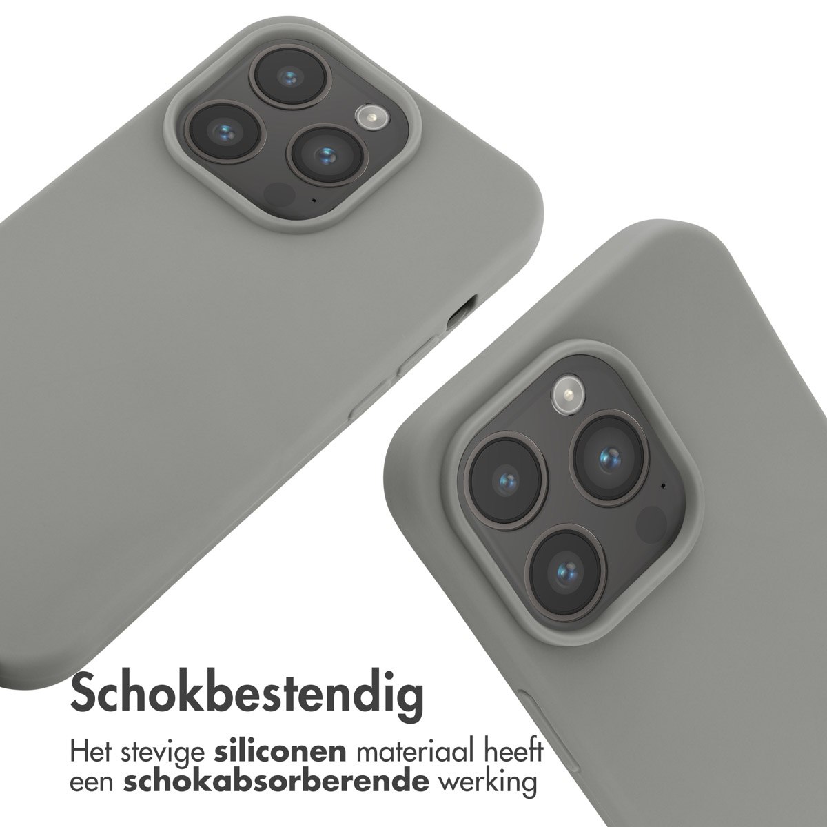 Twee grijze telefoonhoesjes. Tekst: Schokbestendig.