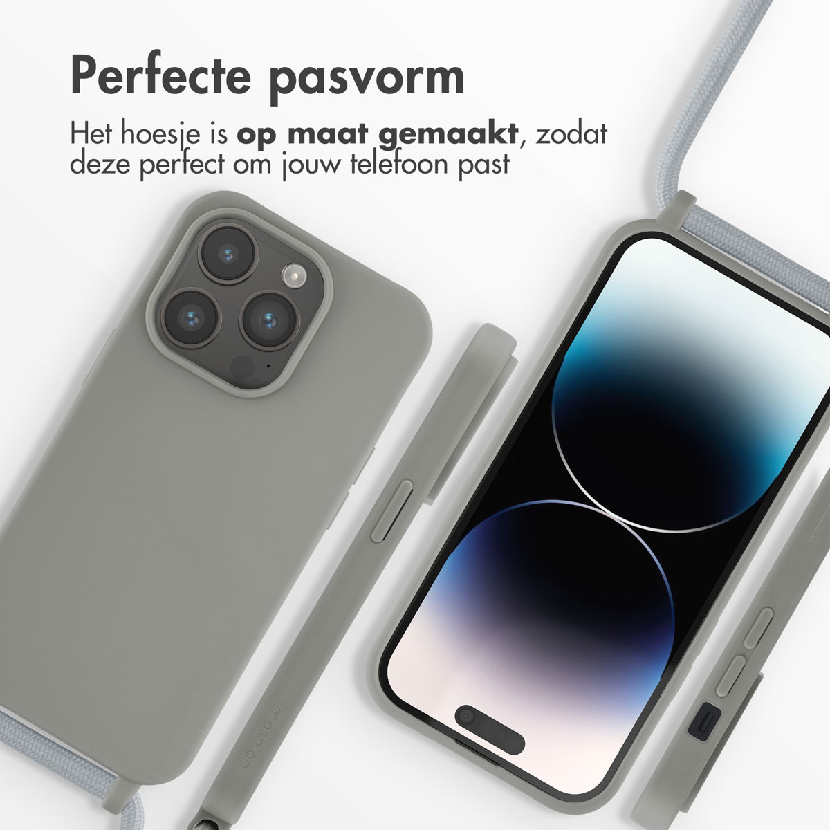 Grijze telefoonhoes met een koord. De telefoon zit in de hoes. De telefoonhoes is grijs.