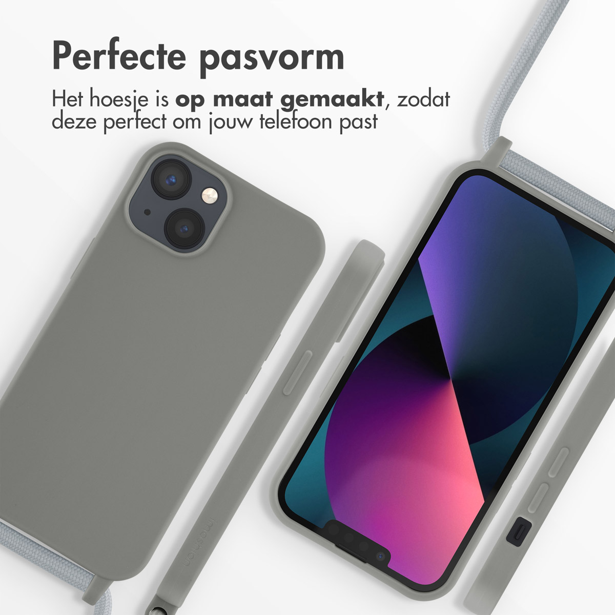 Coque grise et téléphone avec cordon. Un bloc de texte en haut dit 'Ajustement parfait'.