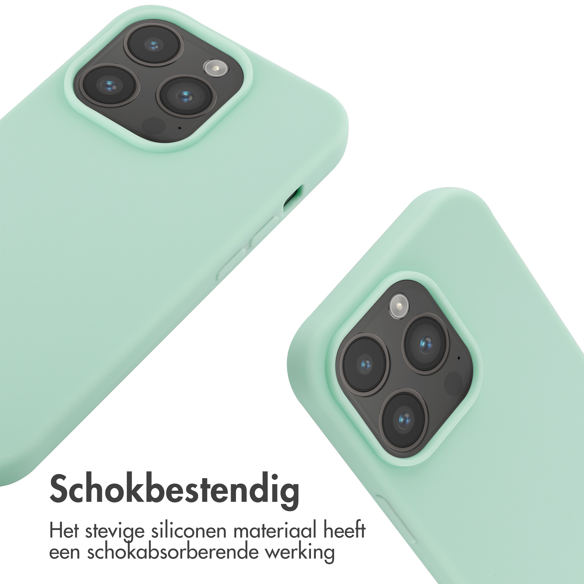 Twee lichtgroene telefoonhoesjes. Tekst: Schokbestendig, het siliconen materiaal heeft schokabsorberende werking.