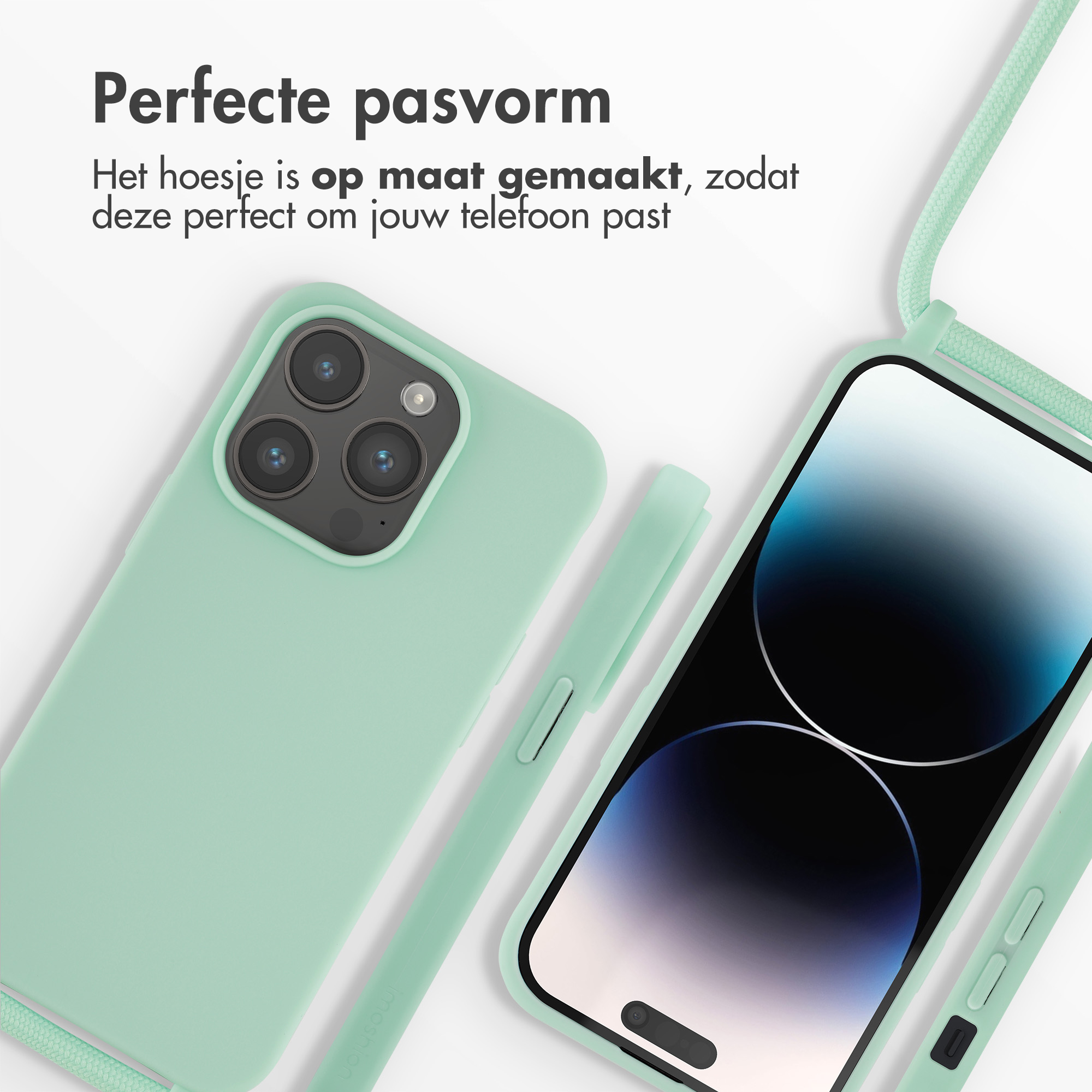 Groene telefoonhoes, telefoon en bandje op witte achtergrond. Telefoon toont blauw-witte afbeelding.