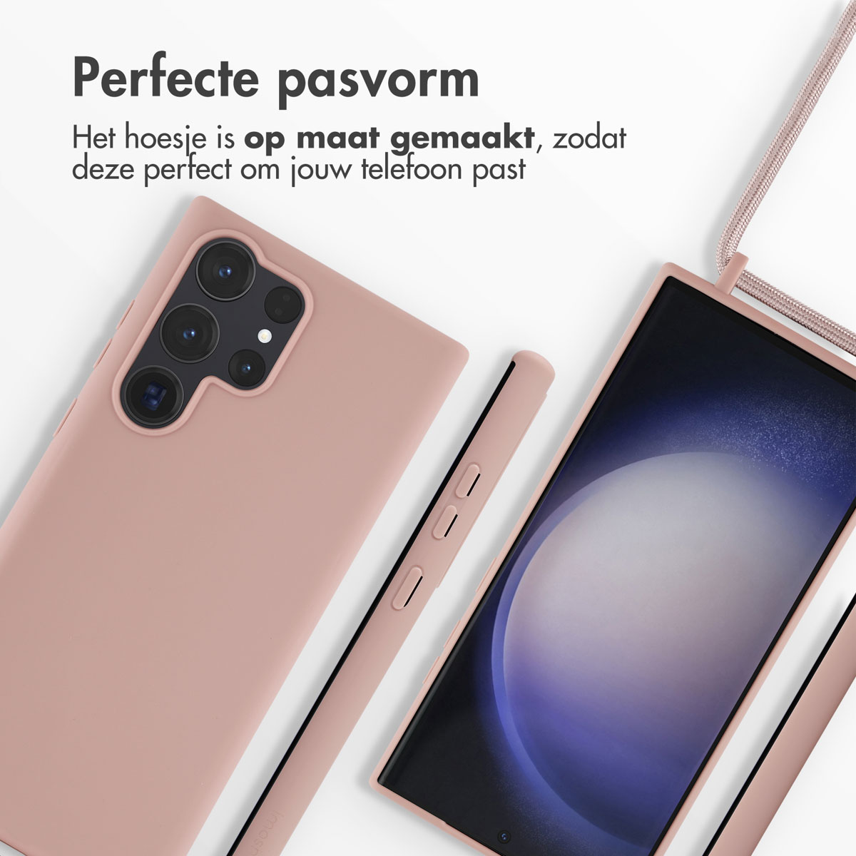 Coque de téléphone rose, téléphone avec écran et pièces de coque sur surface blanche. Texte: 'Ajustement parfait'.