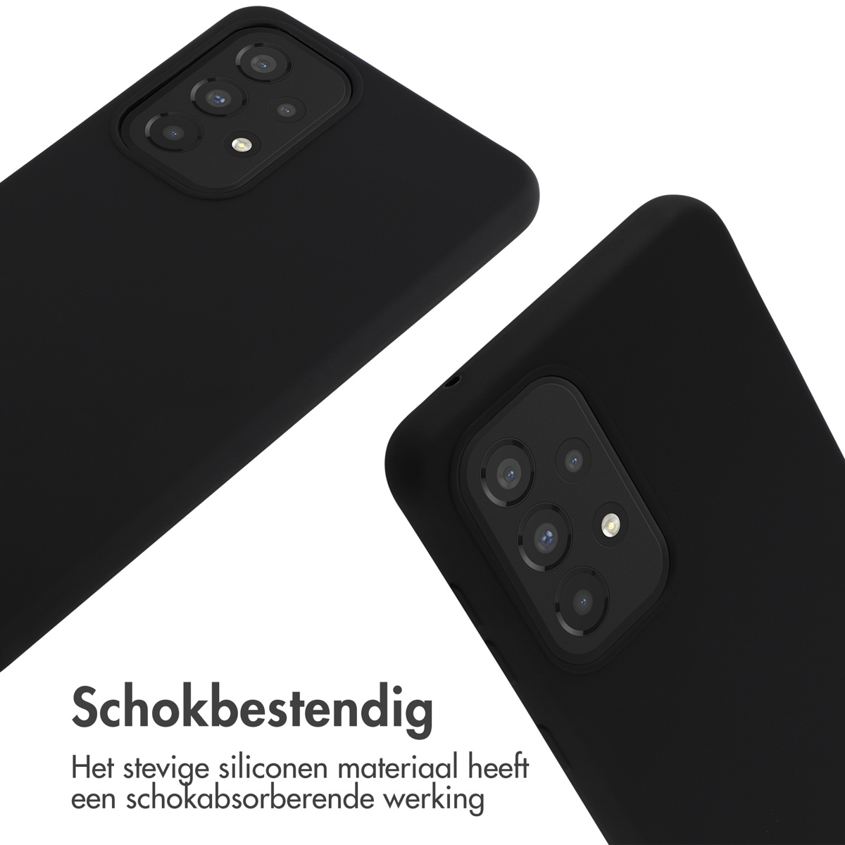 Deux coques noires. Texte: Antichoc, le matériau en silicone a une action d'absorption des chocs.