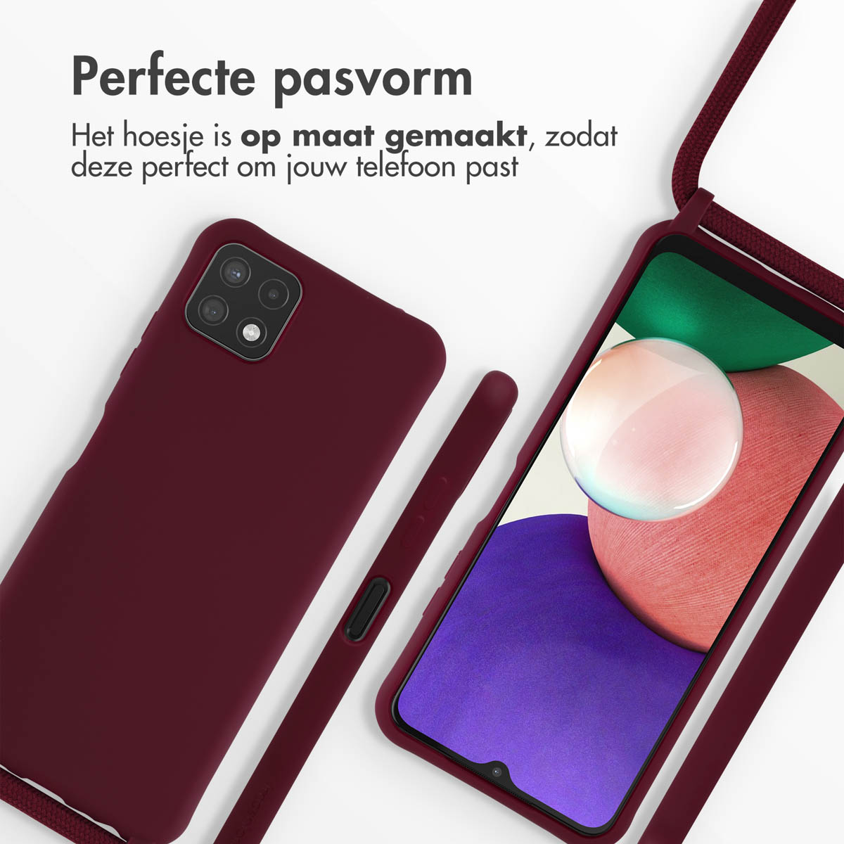 Bordeauxrode telefoonhoes met een telefoon en een bijpassend koord.