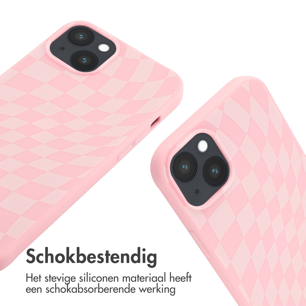Twee roze telefoonhoesjes met een dambordpatroon. Eén staat vooraan, de andere schuin.