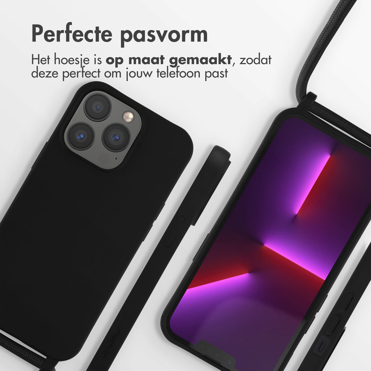 Coque de téléphone noire avec sangle, téléphone avec écran et pièces de coque sur surface blanche. Texte: 'Ajustement parfait'.