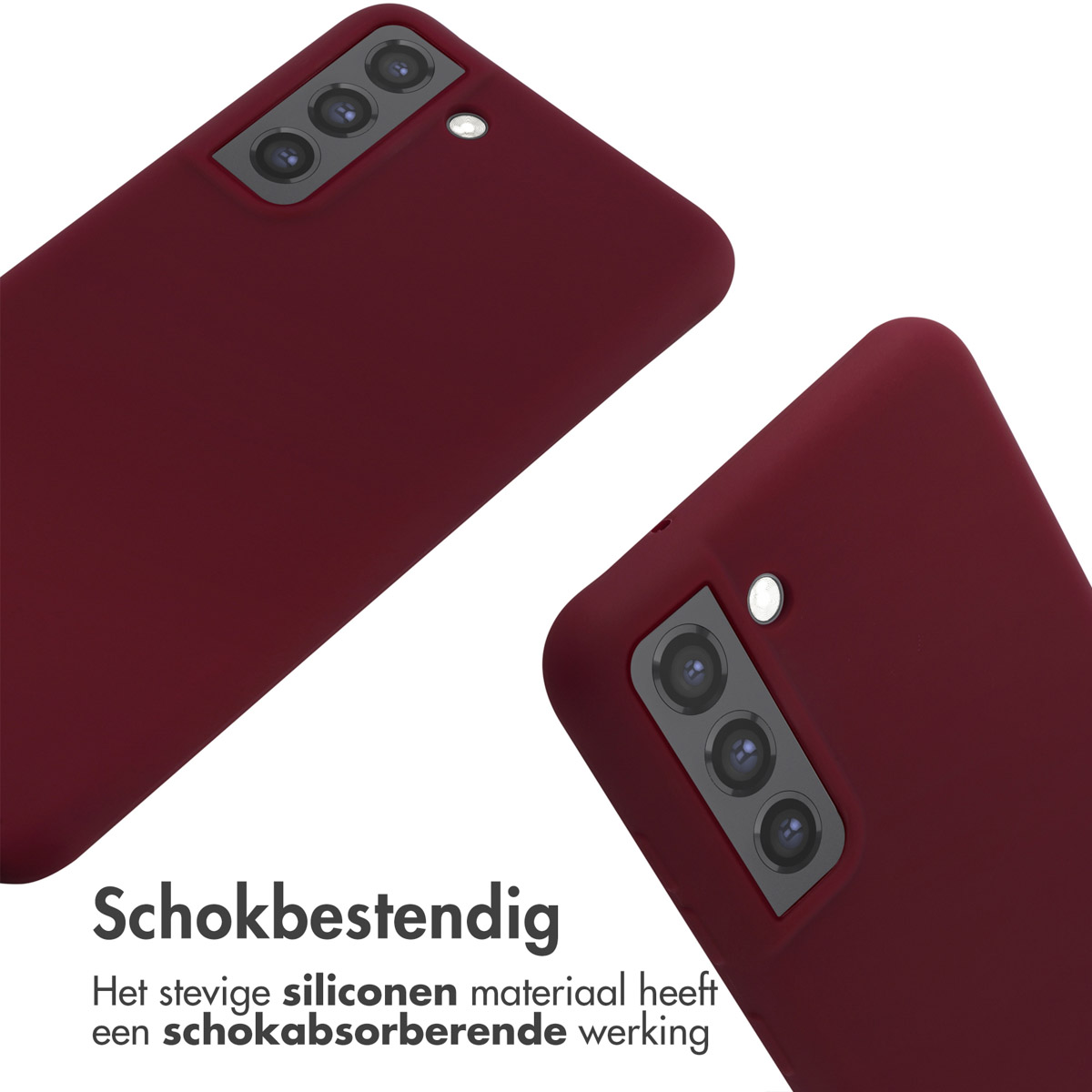 Twee bordeauxrode telefoonhoesjes, schuin. Een tekstblok onderaan zegt 'Schokbestendig'.