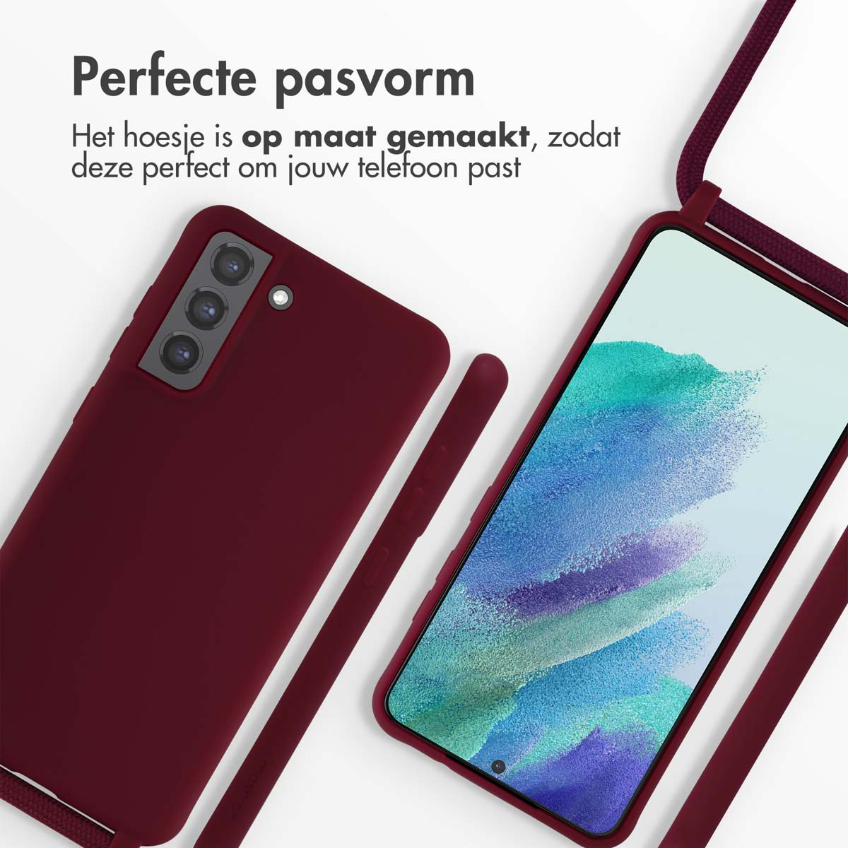 Een bordeauxrood telefoonhoesje met een telefoon erin en een bijpassende stylus. Er is ook een koord bevestigd.