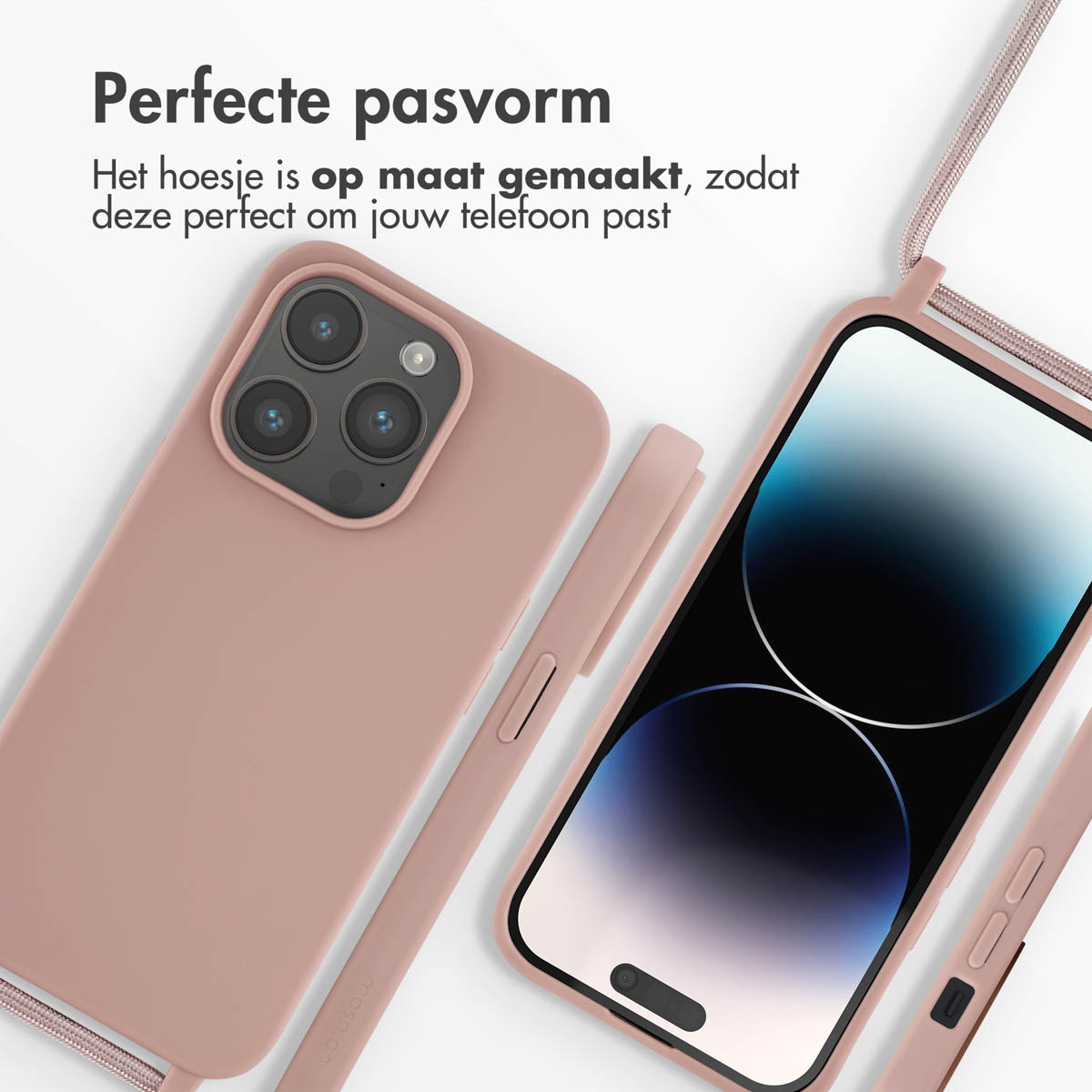 Een roze telefoon en een stylus. Tekst in het Nederlands. De telefoon heeft een hoesje en een koord. De achtergrond is wit.