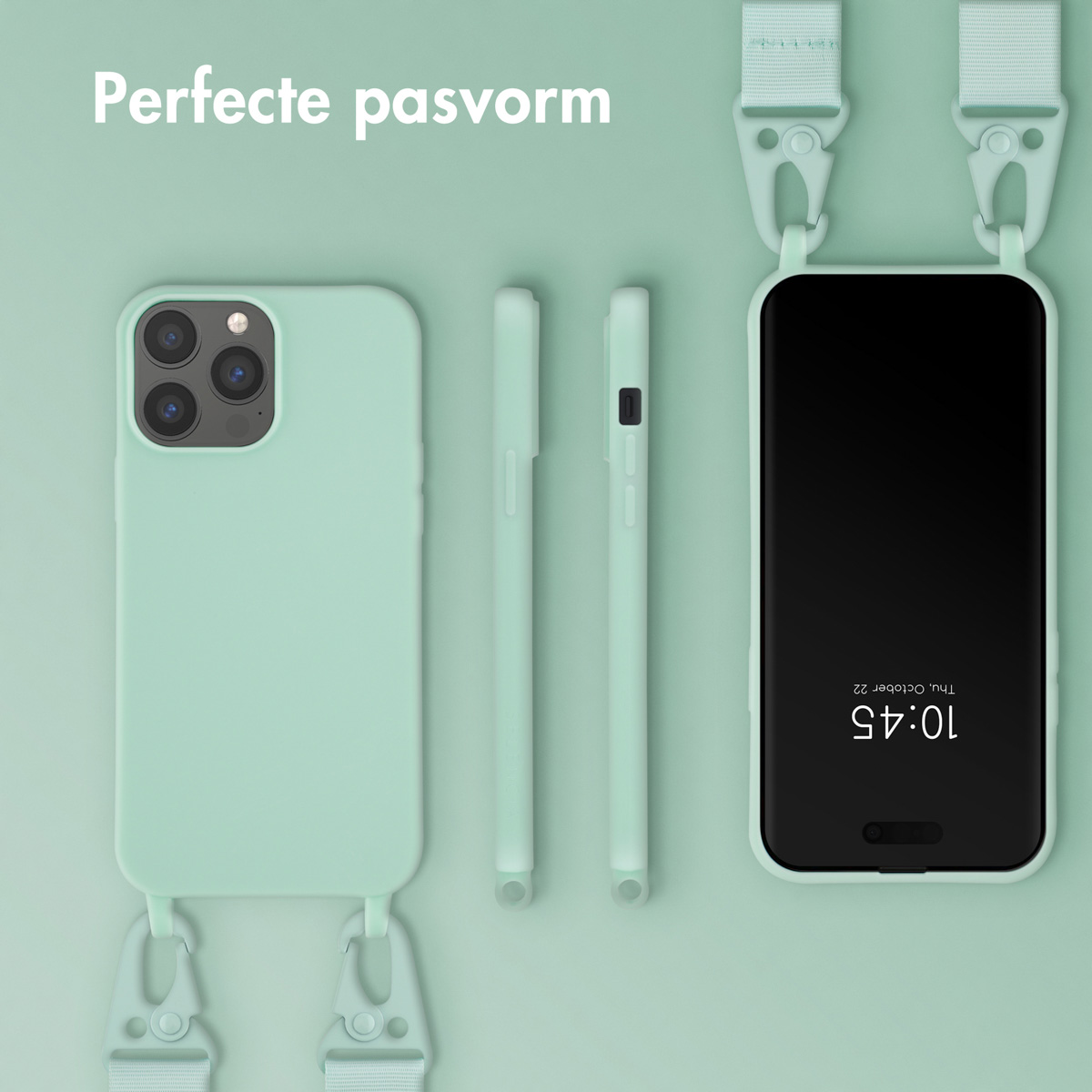 Coque vert menthe avec sangle, téléphone avec heure 10:45 à l'écran et pièces de coque.