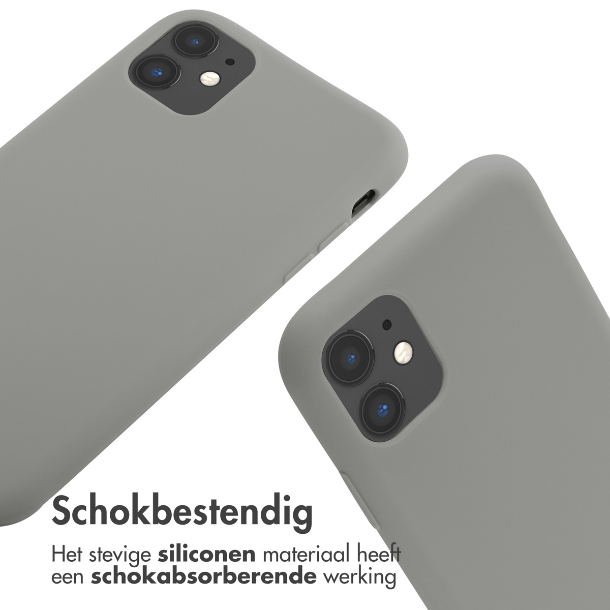 Twee grijze telefoonhoesjes, schuin. Een tekstblok onderaan zegt 'Schokbestendig'.