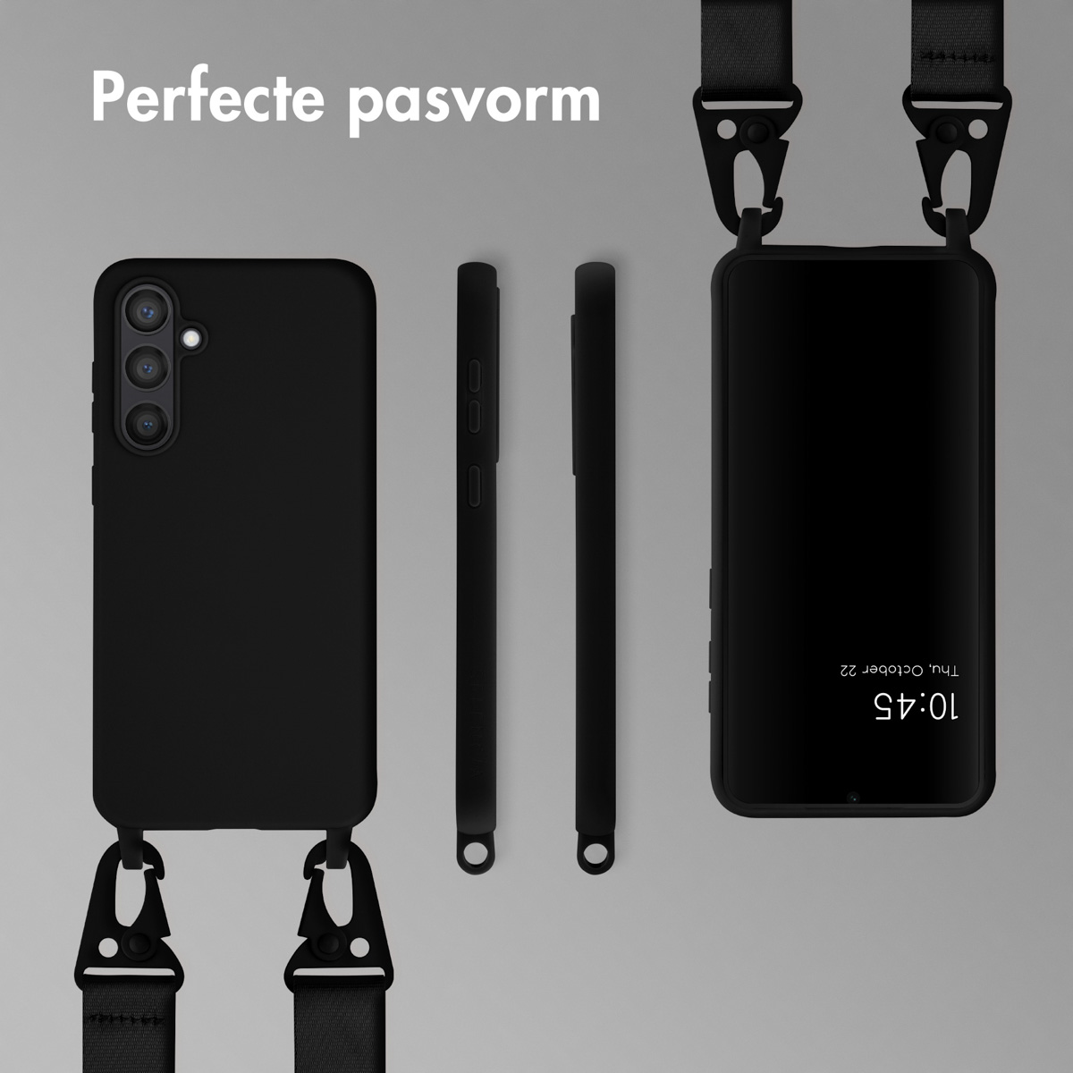 Coques de téléphone et téléphone noirs. Le téléphone affiche l'heure. Une sangle noire est attachée.