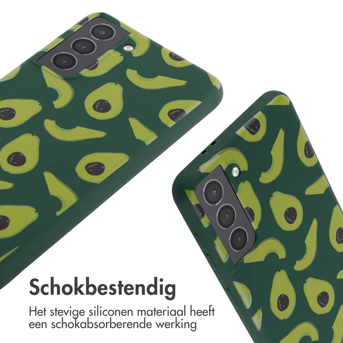 Coques de téléphone vert foncé avec motif d'avocat. Les bosses de l'appareil photo sont visibles.