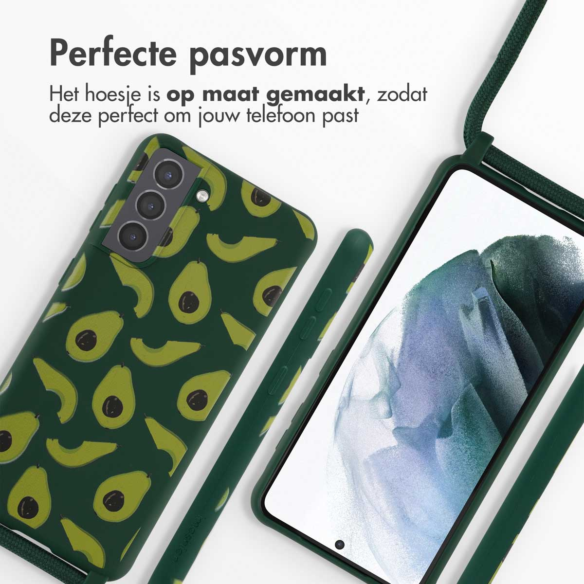 Deux coques de téléphone avec un cordon. L'une est verte avec un motif d'avocat, l'autre montre l'écran du téléphone.