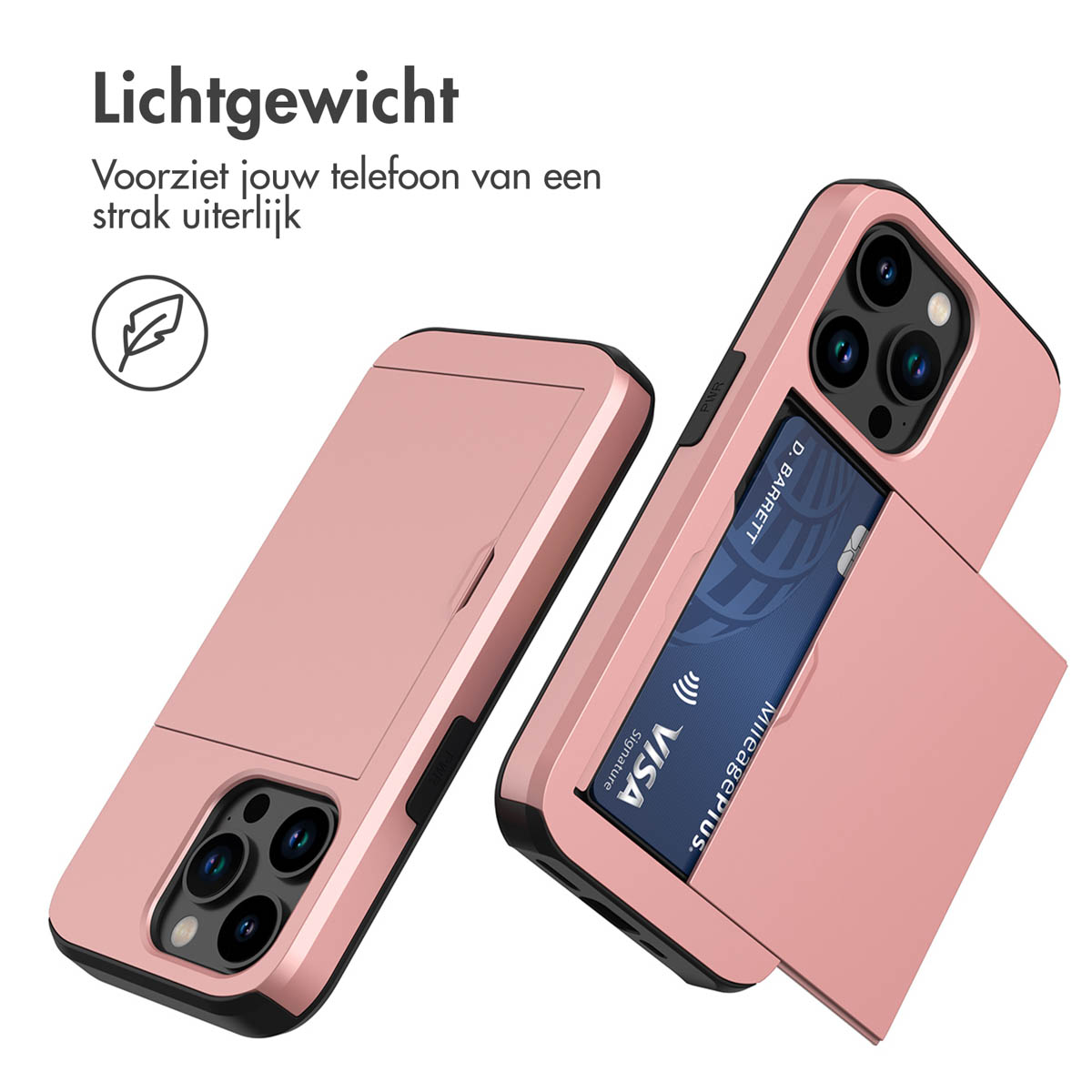 Coque de téléphone et téléphone roses. Le téléphone a une carte de crédit dans la coque.