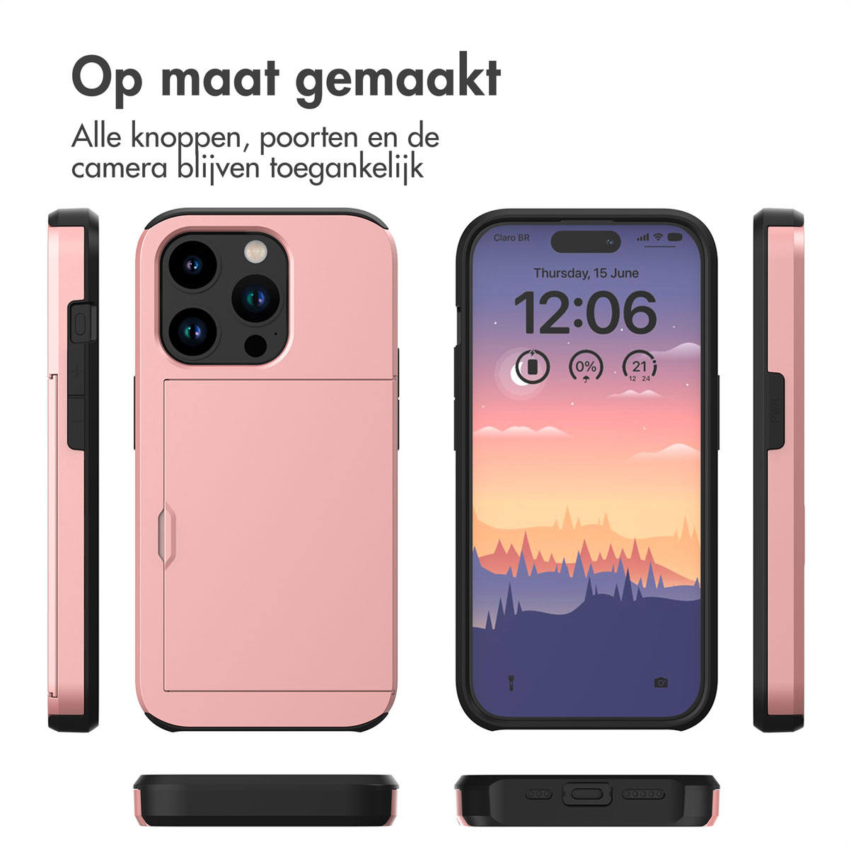 Une coque de téléphone rose avec un téléphone à l'intérieur, affichant l'heure. La coque a des boutons et un emplacement pour carte.